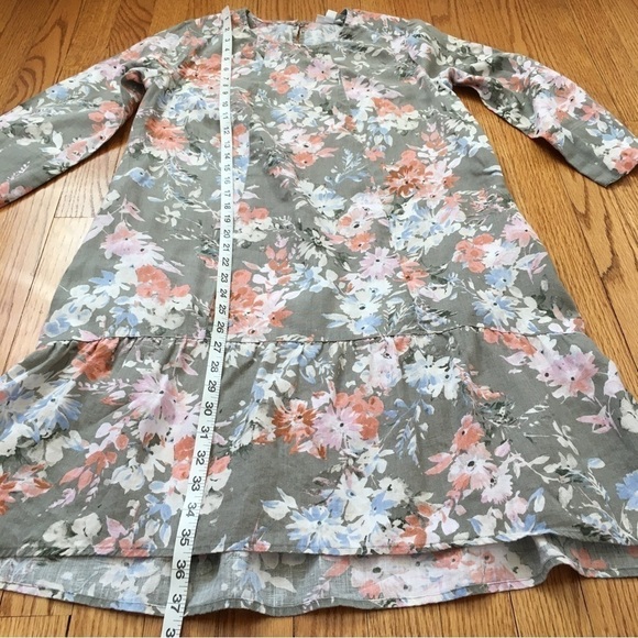 J. Jill 100%  Linen  Floral Ruffle Hem 3/4 long sleeves Crew Neck Relaxed Dress - Picture 13 of 16